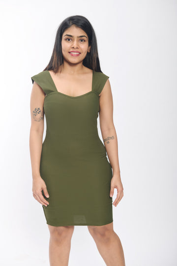 Green Sleeveless Bodycon Dress for Women-Square Neck