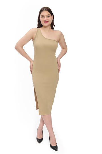 Beige One Shoulder Bodycon Midi Dress For Women Slit