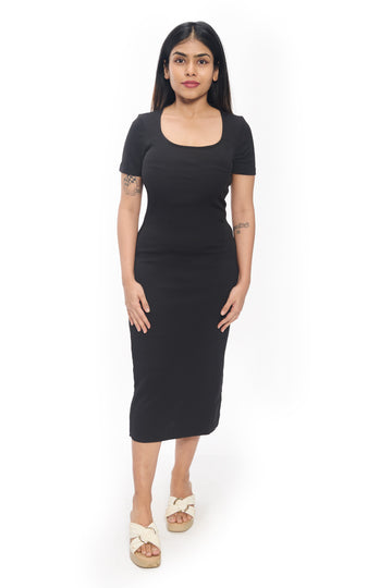 Black Ribbed Bodycon Midi Dress with Side Slit & Scoop Neck