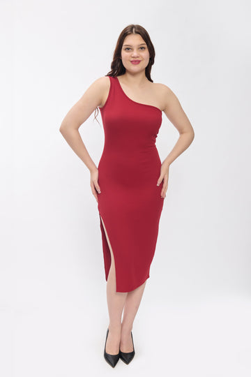 Maroon One Shoulder Bodycon Midi Dress For Women Slit