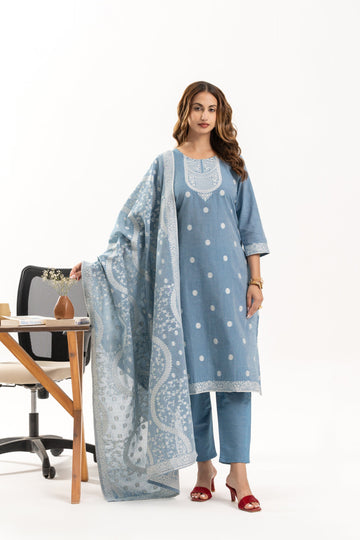 Blue Polka Jacquard Cotton Kurta Set with Dupatta