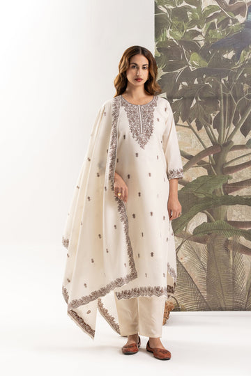 Cream Jacquard-print Cotton Kurta Set with Dupatta