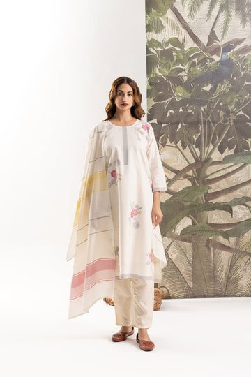 Cream Floral Jacquard Cotton Kurta Set with Dupatta
