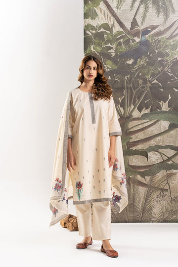 Off-White Floral Cotton Kurta Set with Dupatta