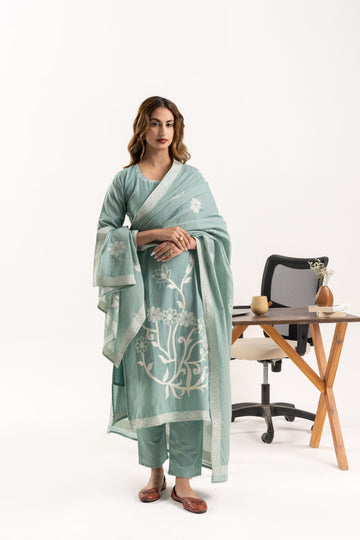 Green Floral Cotton Kurta Set with Matching Dupatta