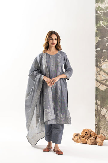Grey Jacquard Print Cotton Kurta Set with Dupatta