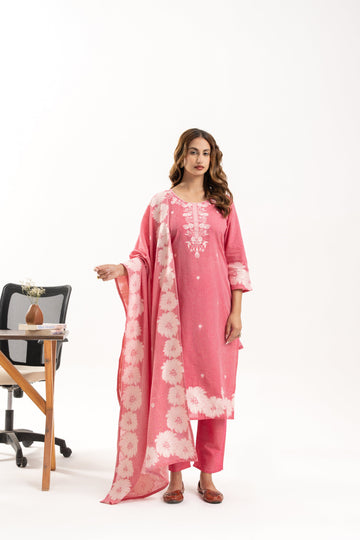 Pink Floral Jacquard Cotton Kurta Set with Dupatta