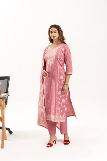 Pink Jacquard Cotton Kurta Set with Dupatta