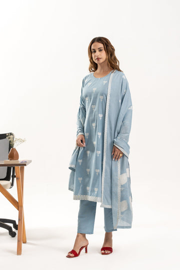 Blue Jacquard Cotton Kurta Set with Elegant Dupatta