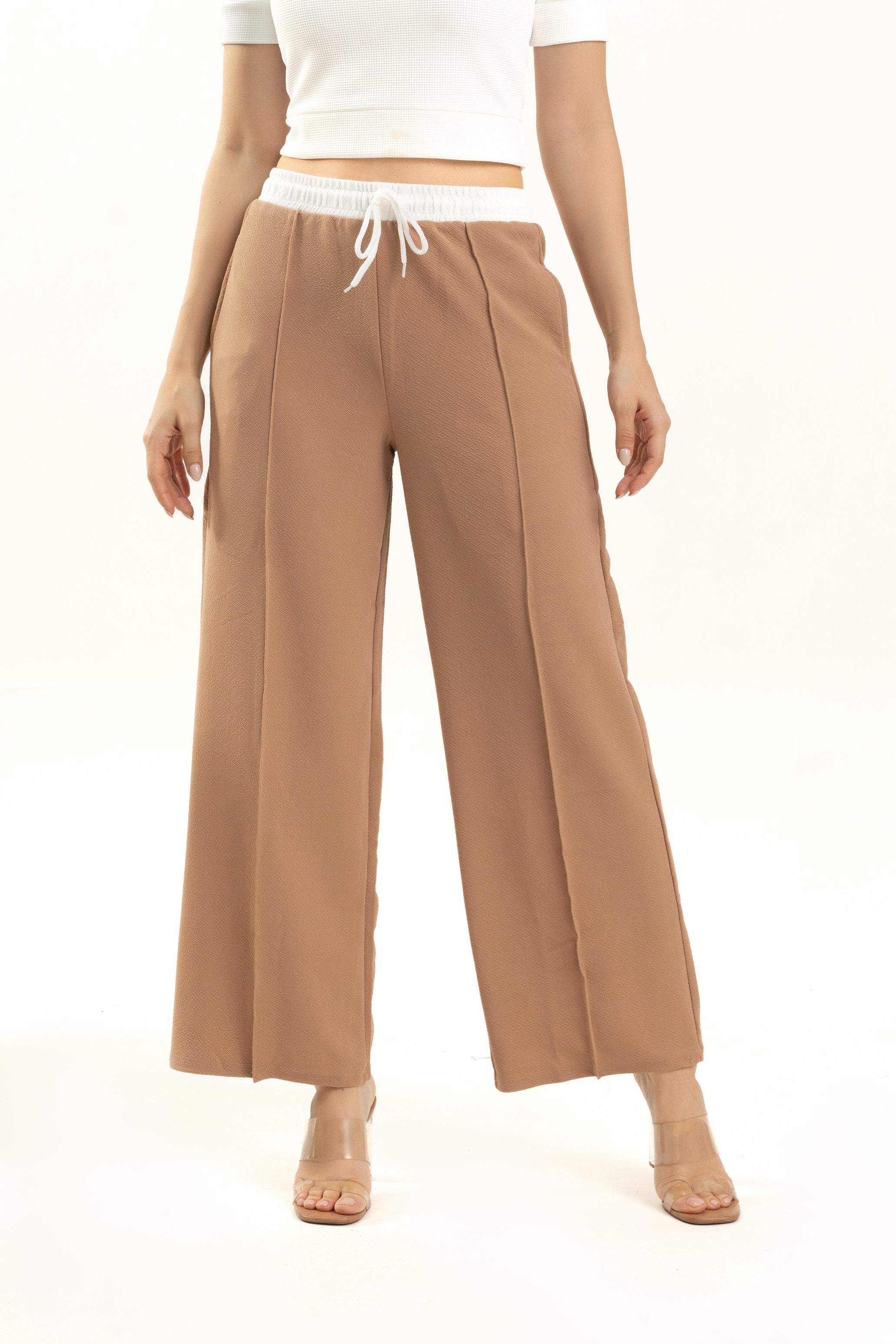 Brown Wide Leg Pants with White Waistband – KOMURR Brown Wide Leg Pants with White Waistband – KOMURR