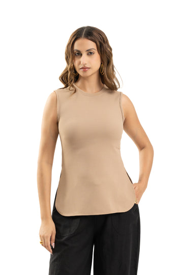 Beige Sleeveless Curve Hem Top For Women