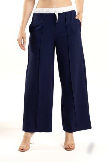 Navy Blue Wide Leg Pants with White Waistband Design