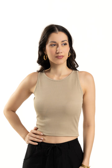 Beige Sleeveless High Neck Tank Top For Women