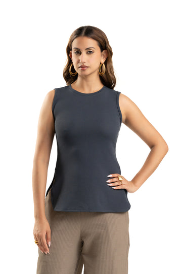 Gray Sleeveless Curve Hem Top For Women