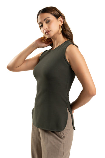 Dark Green Sleeveless Curve Hem Top For Women
