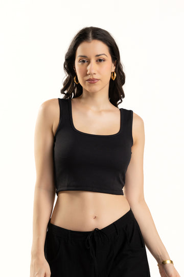 Black Sleeveless Square Neck Crop Top For Women