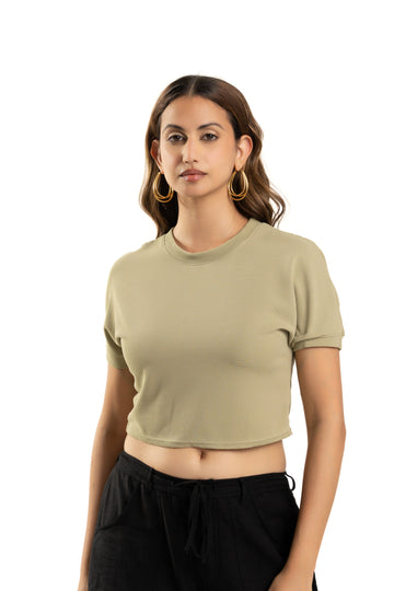 Green Crop Top for Women Casual Round Neck Summer Wear