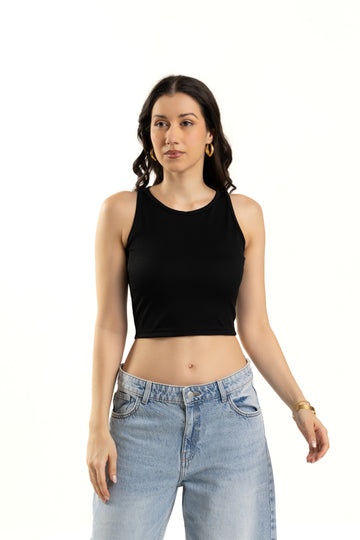 Black Sleeveless High Neck Tank Top For Women
