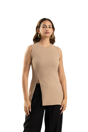 Beige Sleeveless Side Slit Long Top for Women