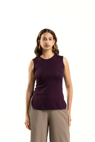 Wine Sleeveless Curve Hem Top For Women