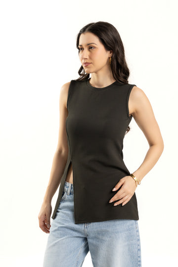 Dark Green Sleeveless Side Slit Long Top for Women