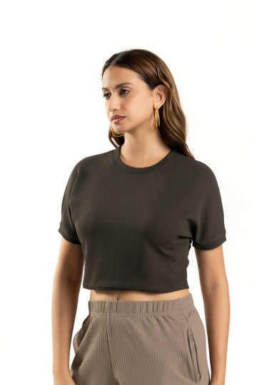 Dark Green Crop Top for Women Casual Round Neck