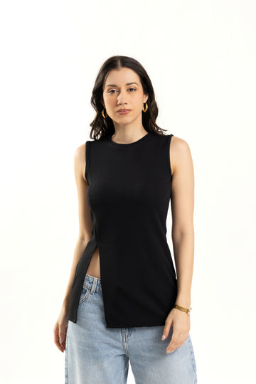 Black Sleeveless Side Slit Long Top for Women