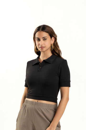Black Ribbed Polo Collar Crop Top Casual Smart Fit