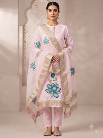 Premium Jacquard Kurta & Dupatta Set with Floral Zari Work