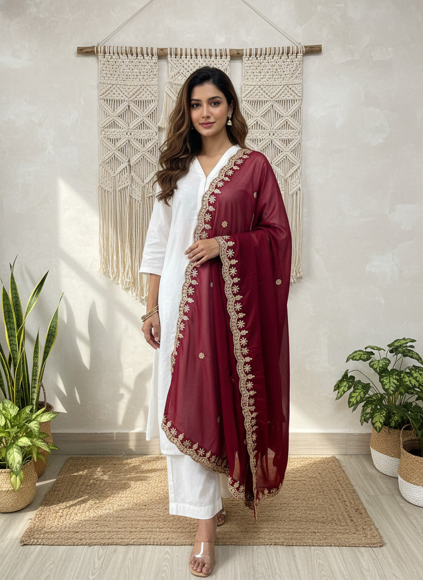 Maroon Koding Dupatta with Sequinned Work
