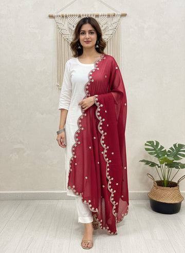 Maroon Embroidered Dupatta with Sequinned Work