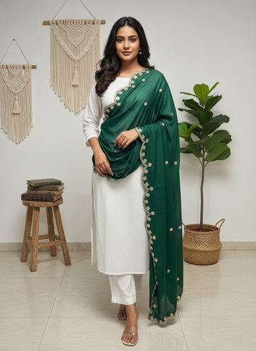 Green Embroidered Dupatta with Sequinned Work