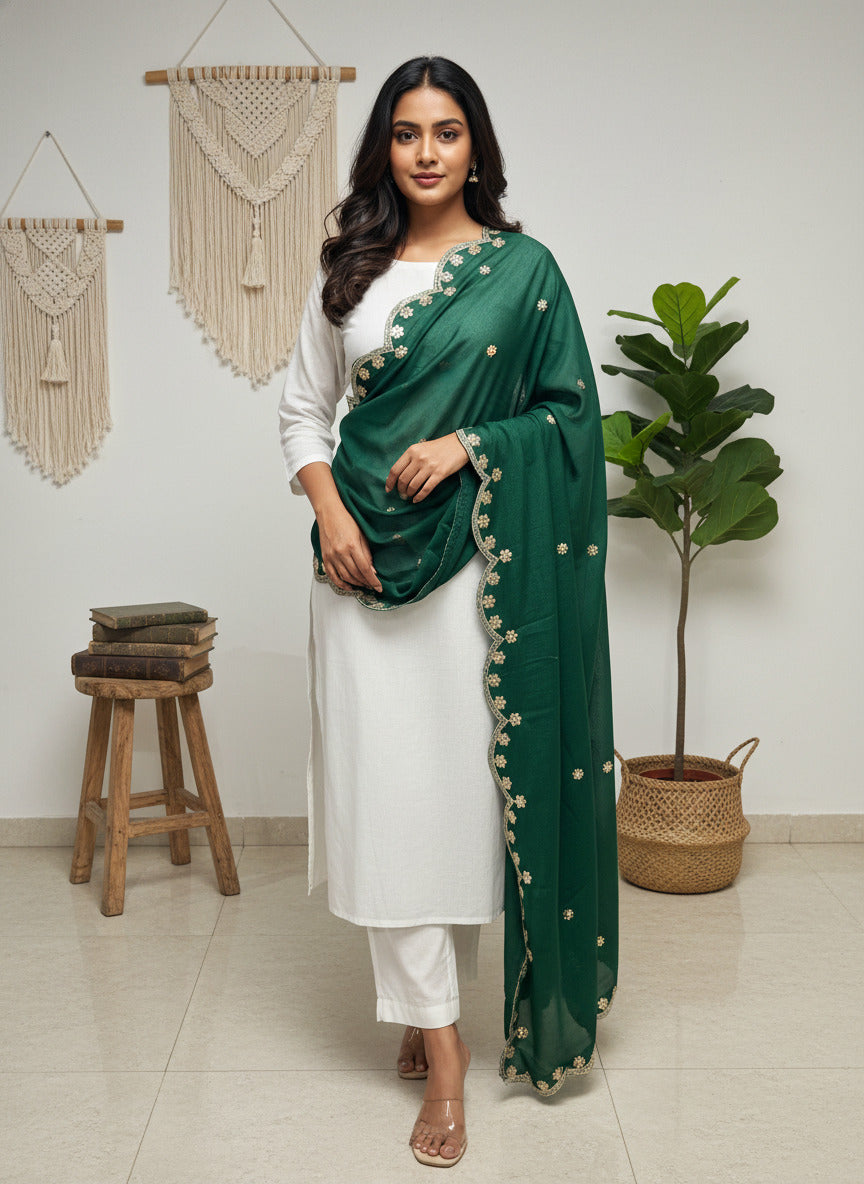 Green Embroidered Dupatta with Sequinned Work