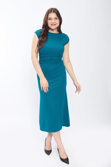 Blue Ruched Waist Maxi Bodycon Dress for Women