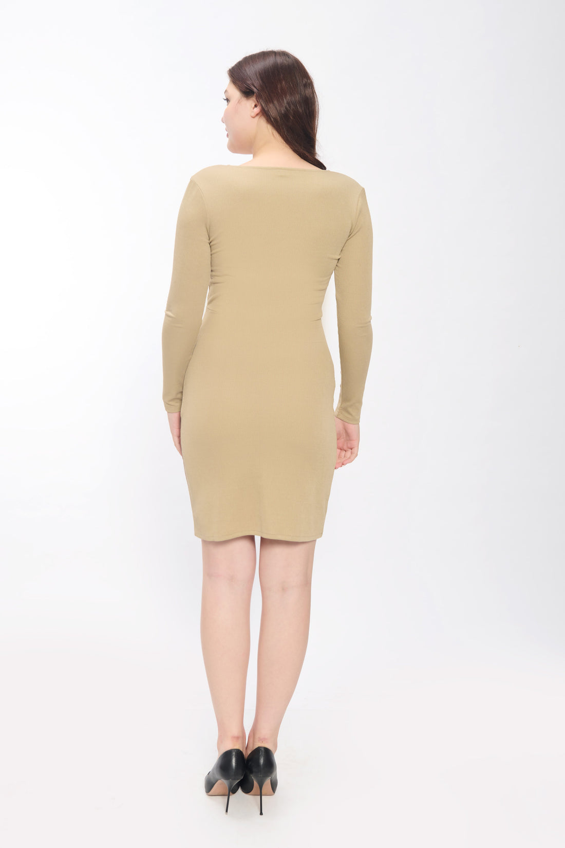 Beige Bodycon Dress For Women V-Neck Full Sleeve