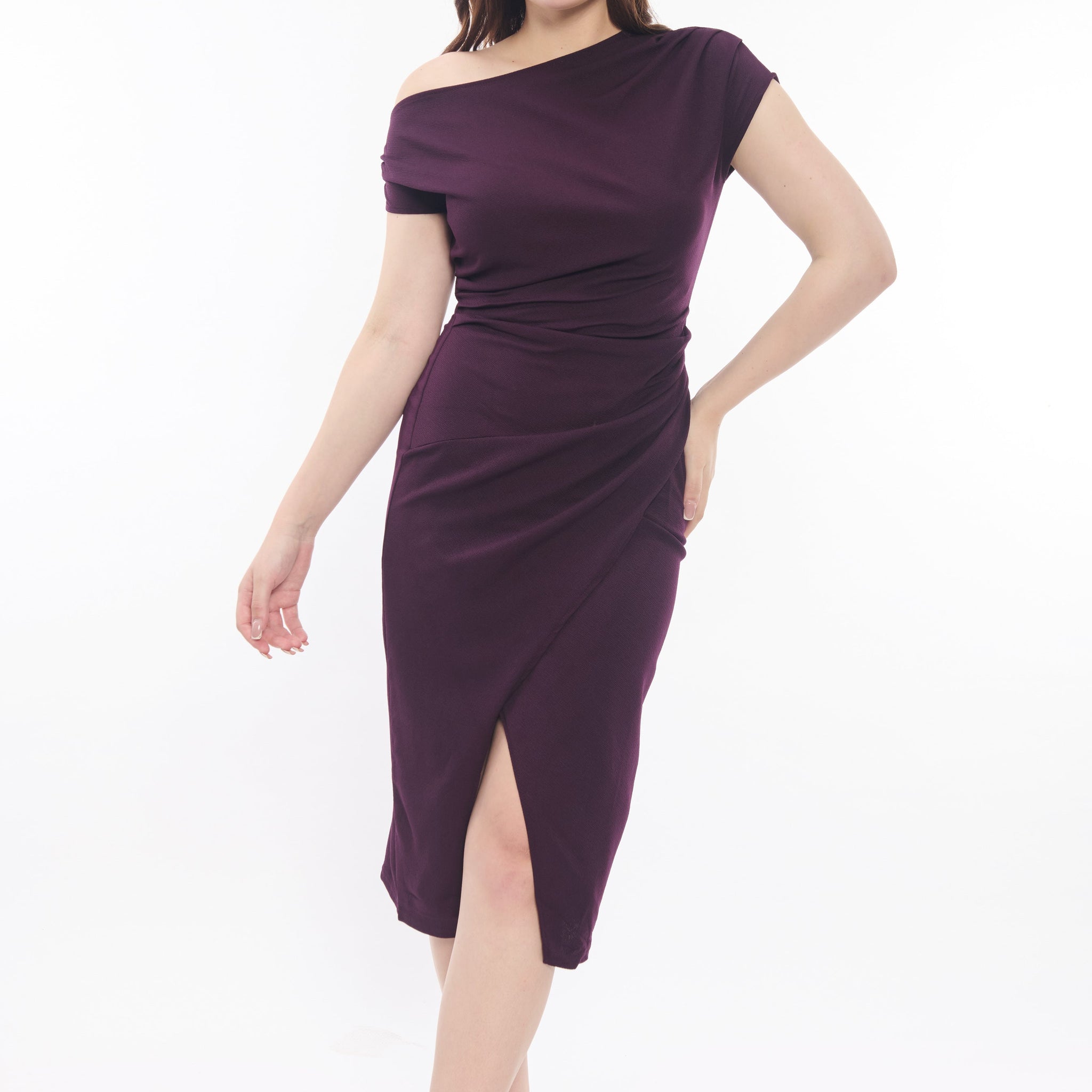 Wine One Shoulder Bodycon Midi Dress for Women