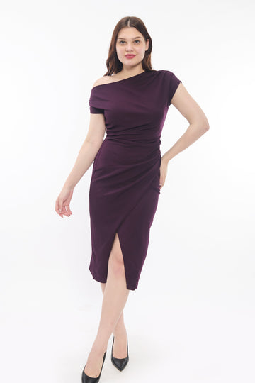 Wine One Shoulder Bodycon Midi Dress for Women