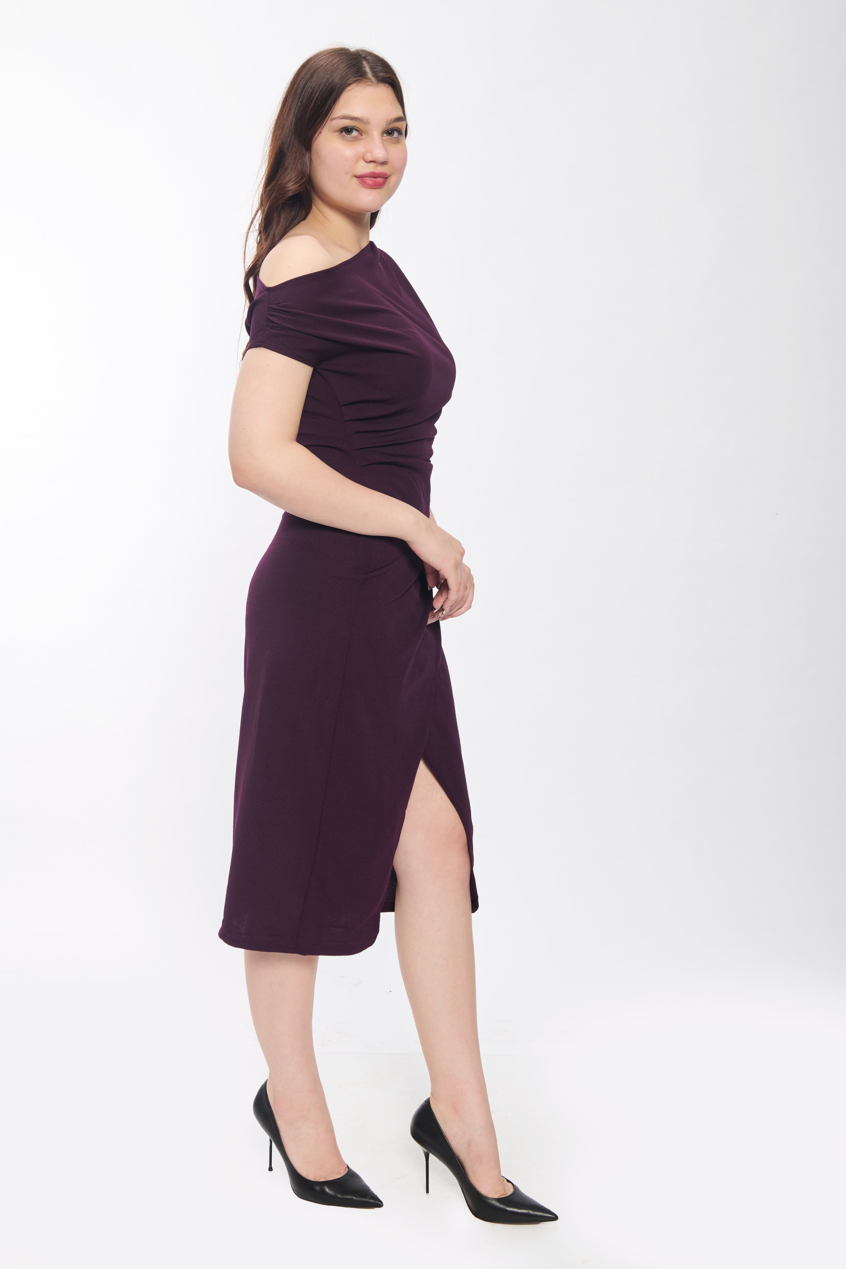 Wine One Shoulder Bodycon Midi Dress for Women