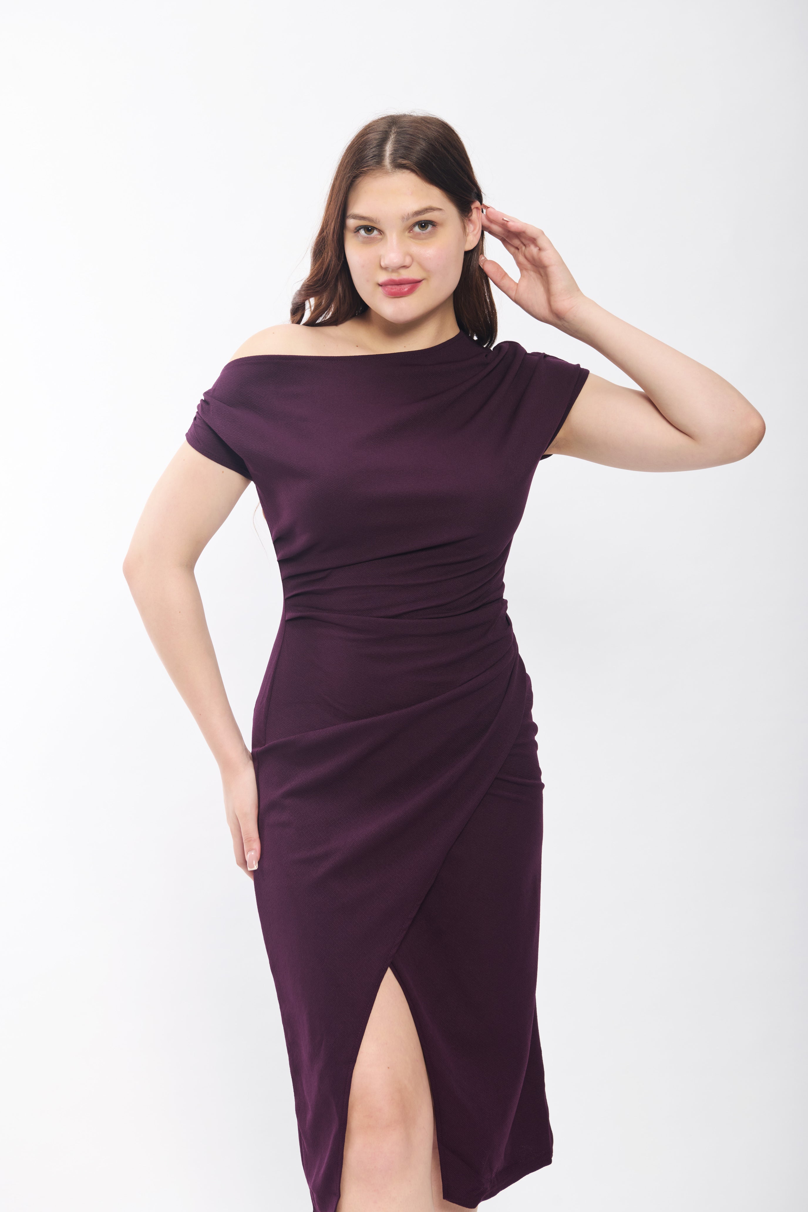 Wine One Shoulder Bodycon Midi Dress for Women