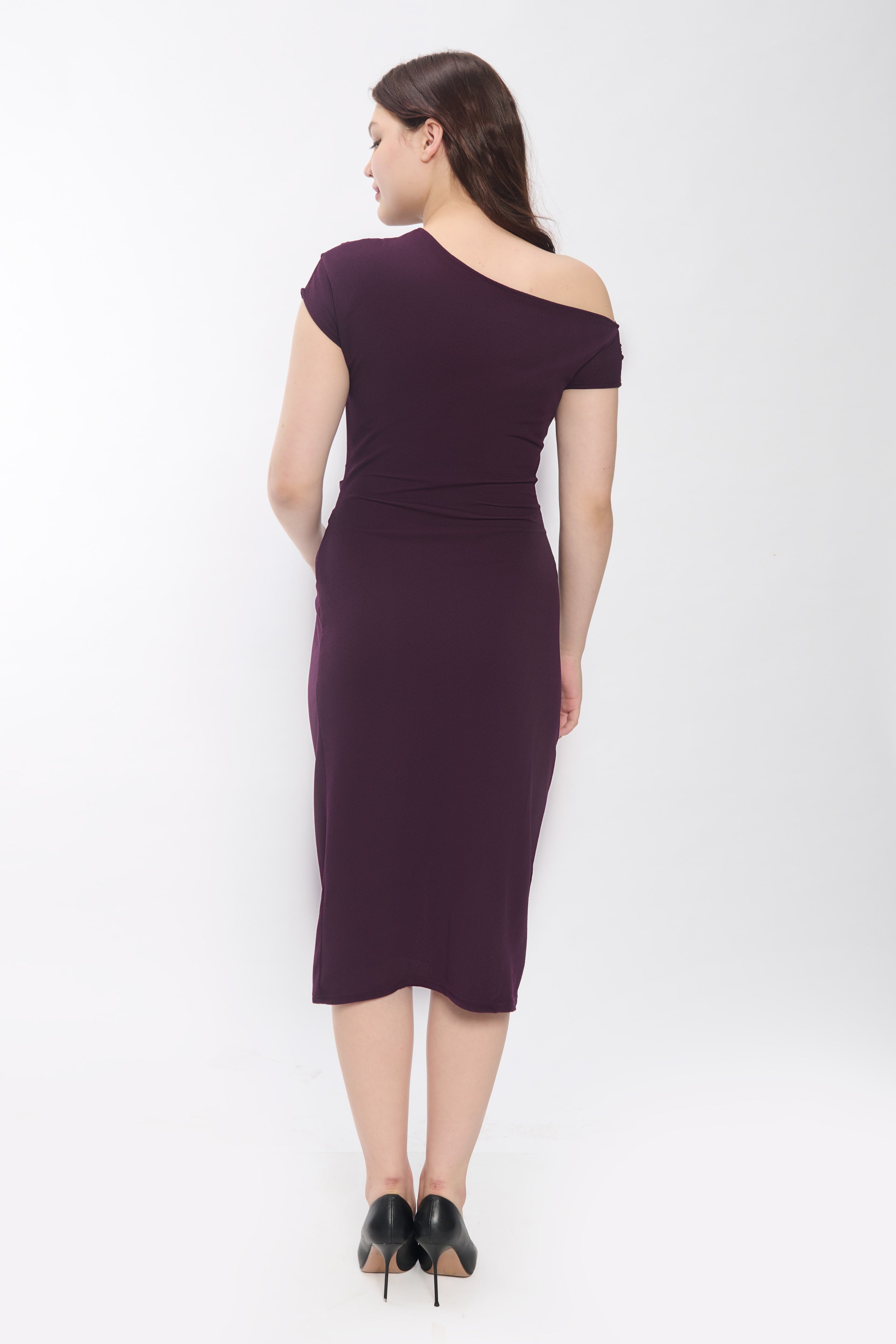Wine One Shoulder Bodycon Midi Dress for Women