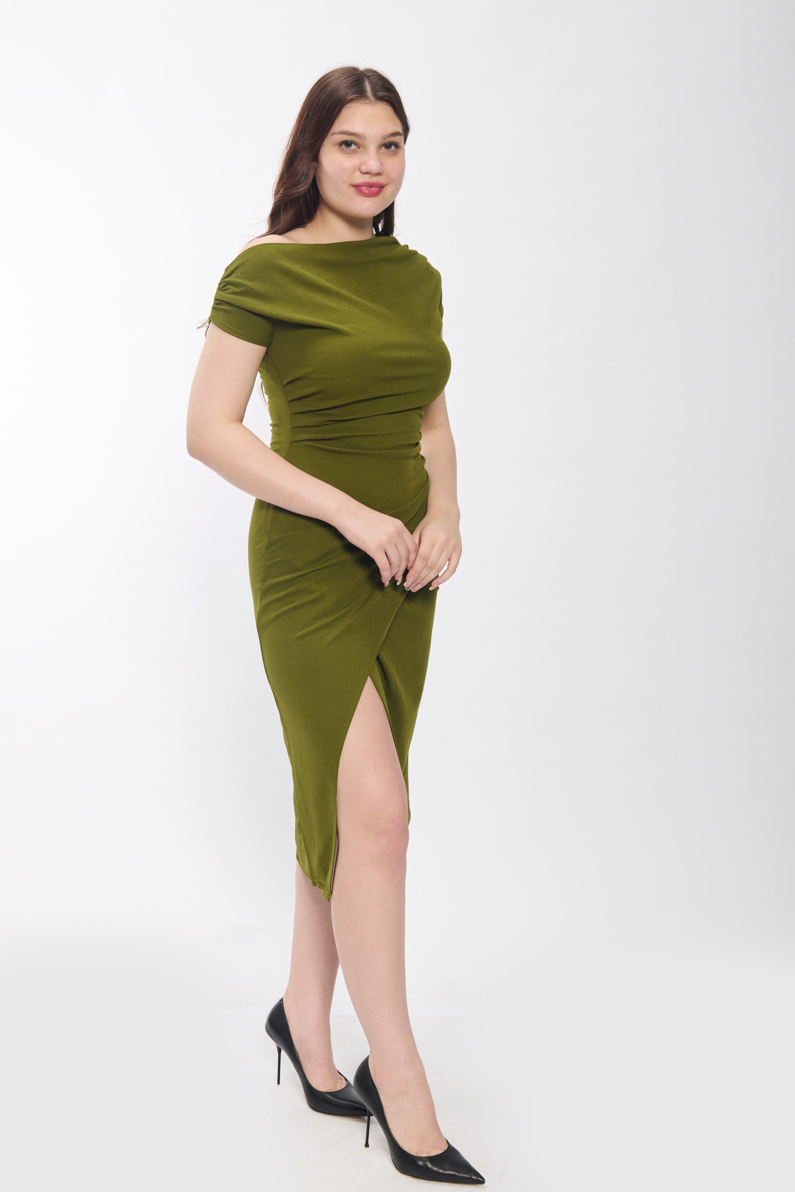 Green One Shoulder Ruched Bodycon Midi Dress for Women
