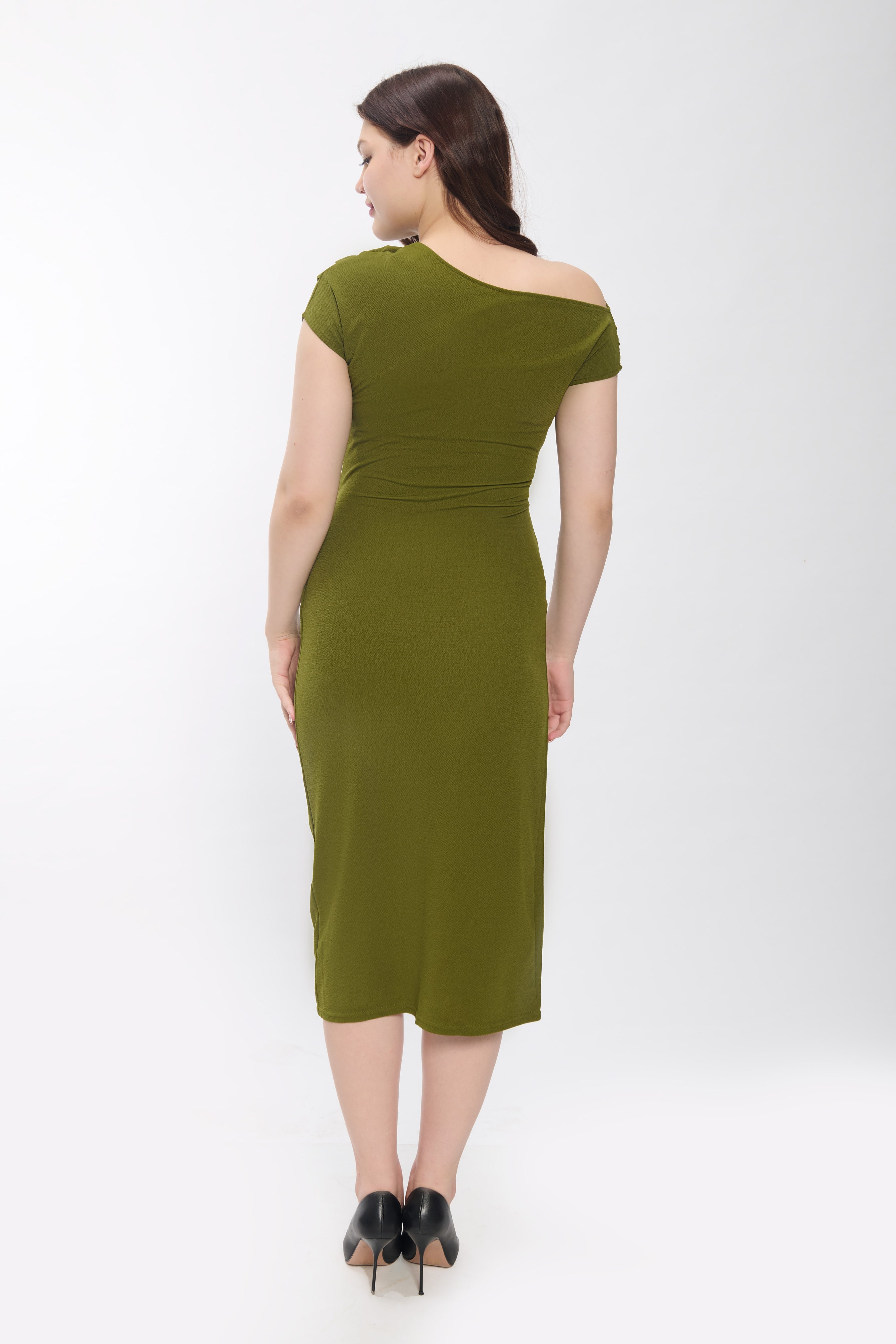 Green One Shoulder Ruched Bodycon Midi Dress for Women