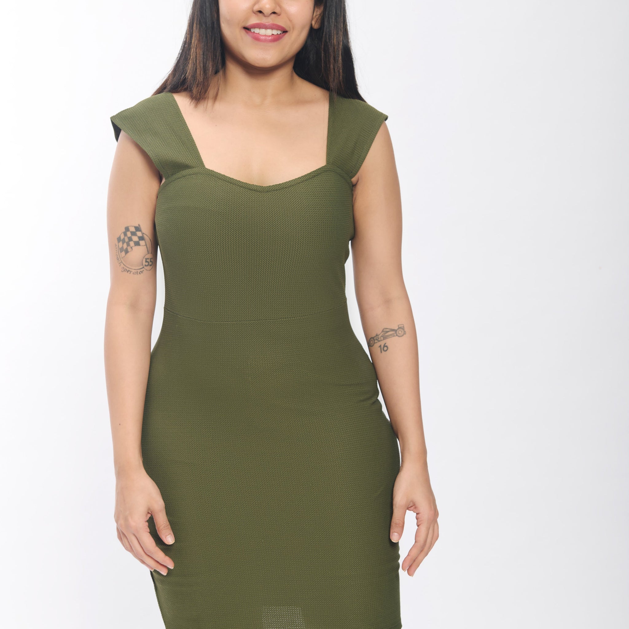 Green Sleeveless Bodycon Dress for Women-Square Neck