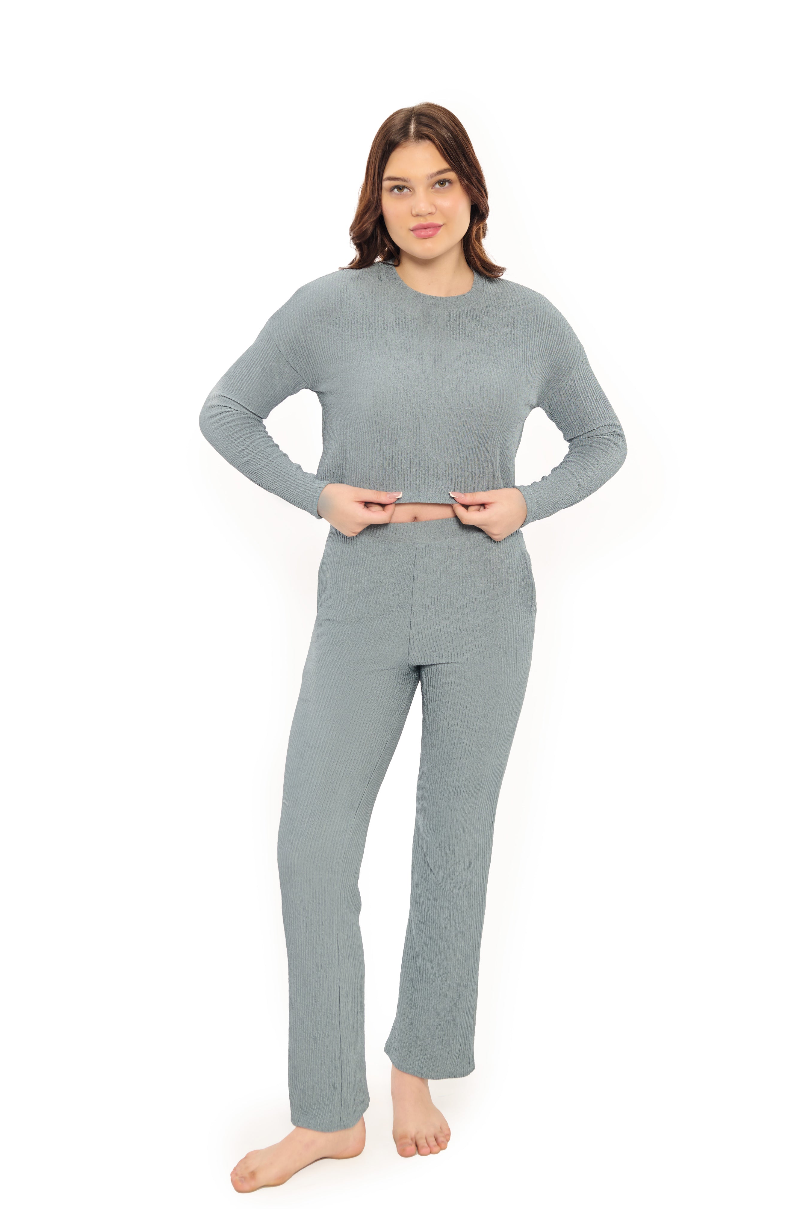 Grey Co-Ord Set for Women Stylish Crop Top and Pants