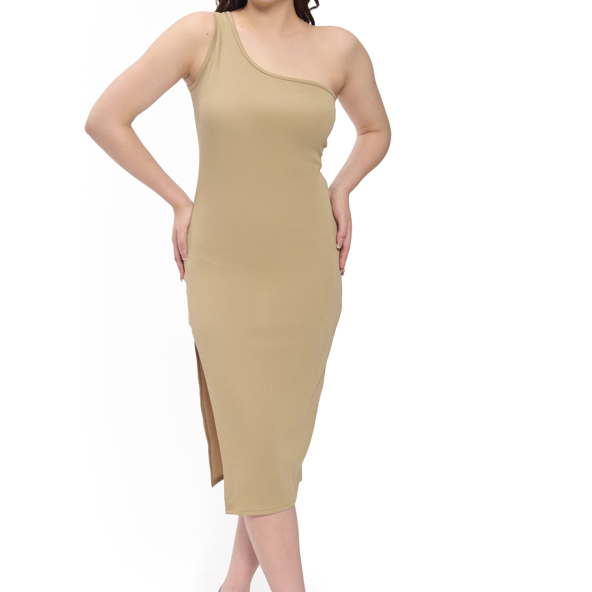 Beige One Shoulder Bodycon Midi Dress For Women Slit