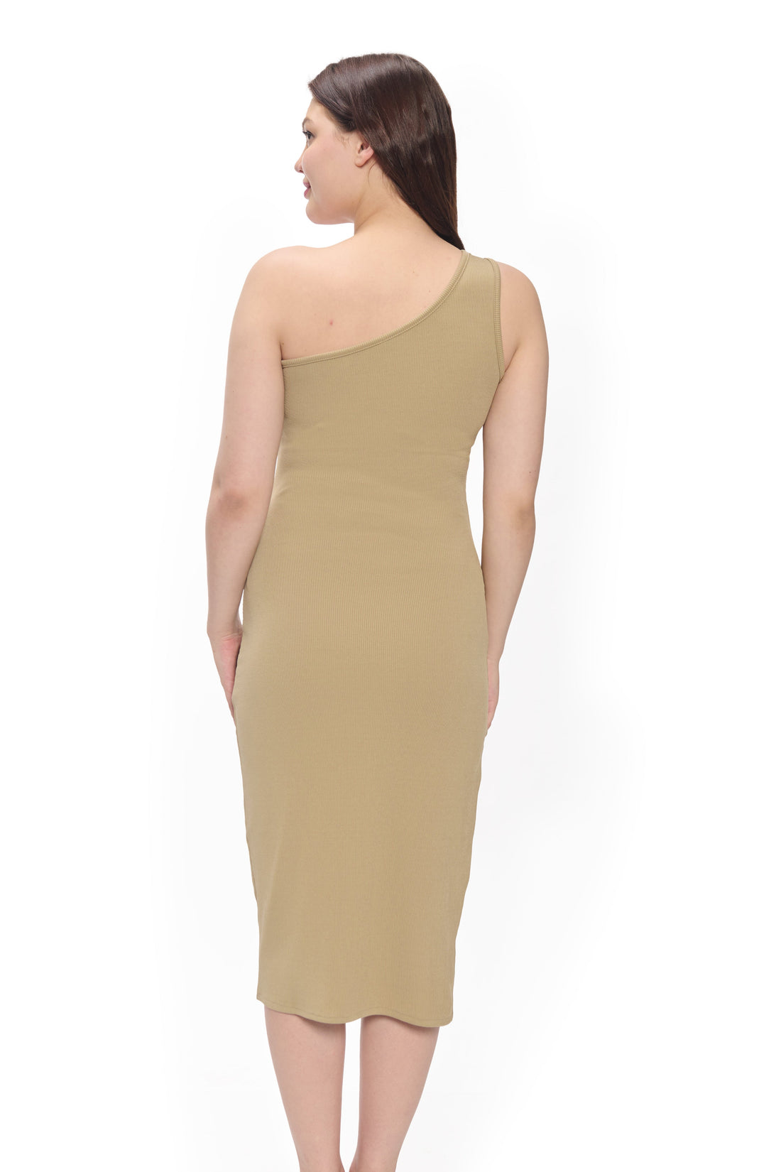 Beige One Shoulder Bodycon Midi Dress For Women Slit