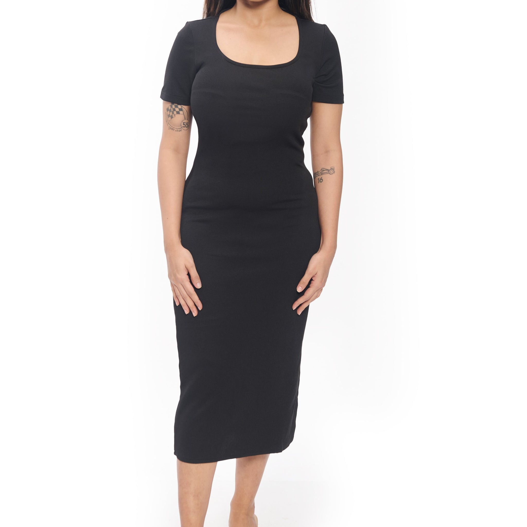 Black Ribbed Bodycon Midi Dress with Side Slit & Scoop Neck