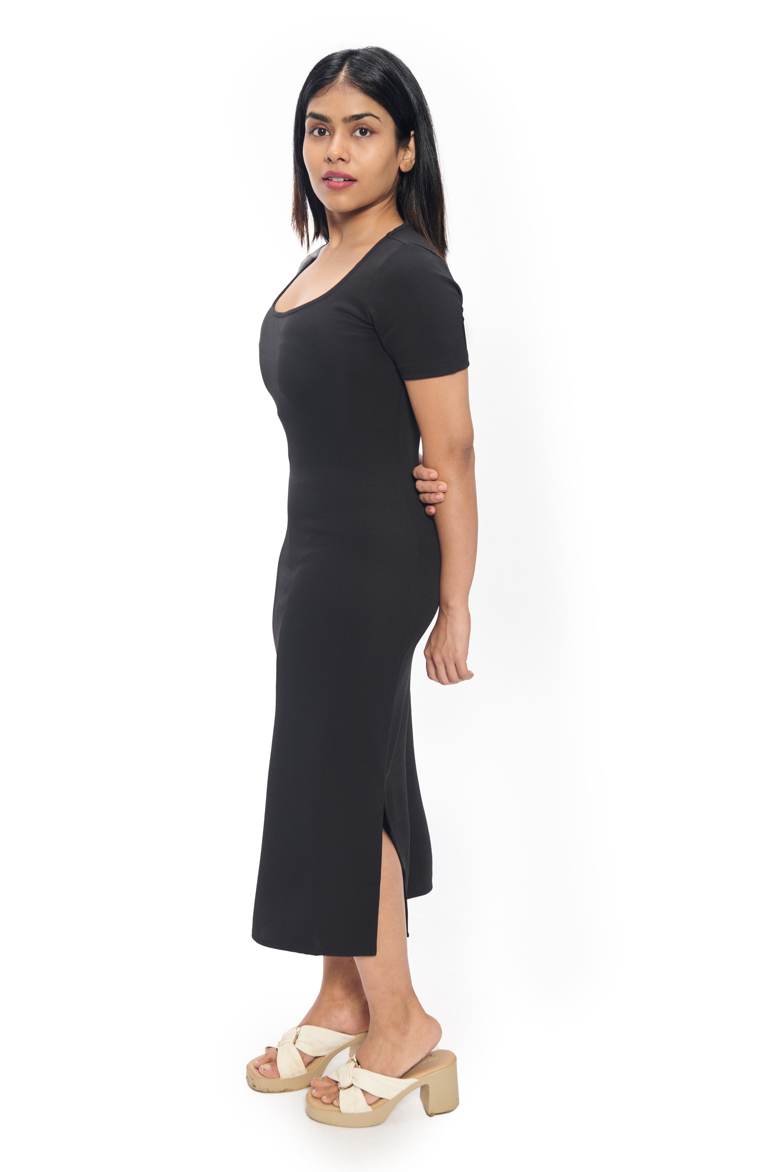 Black Ribbed Bodycon Midi Dress with Side Slit & Scoop Neck