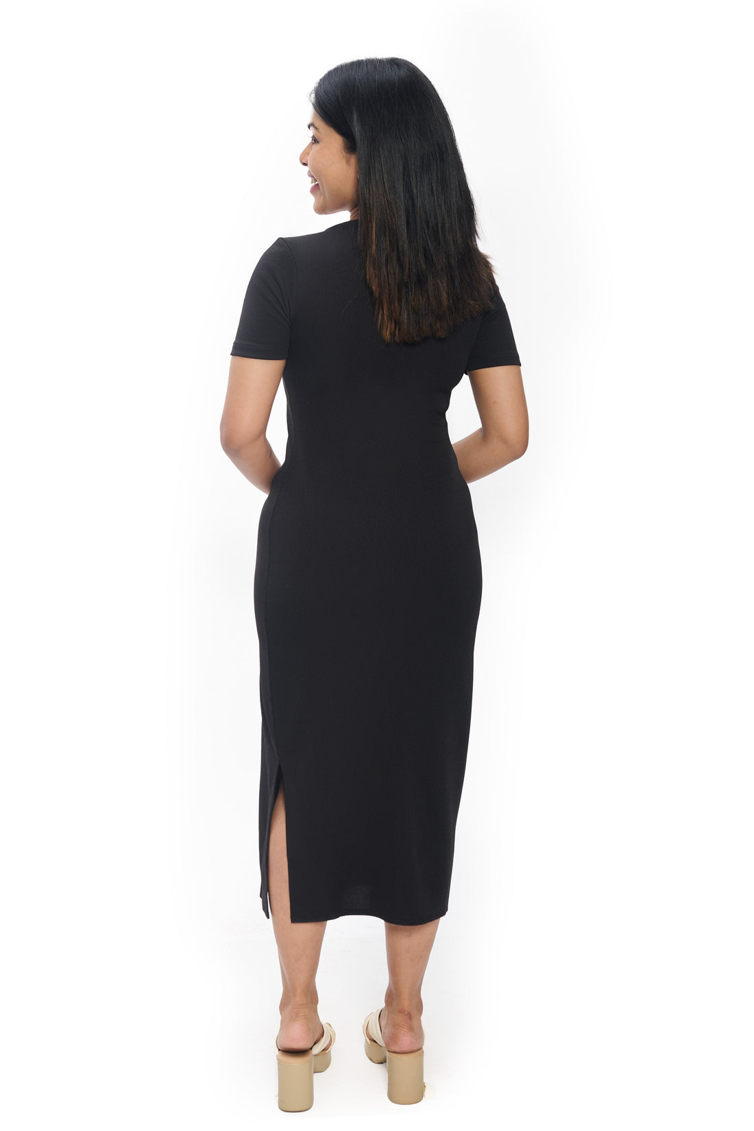 Black Ribbed Bodycon Midi Dress with Side Slit & Scoop Neck
