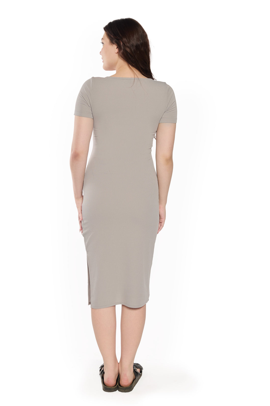 Grey Ribbed Bodycon Midi Dress with Side Slit & Scoop Neck